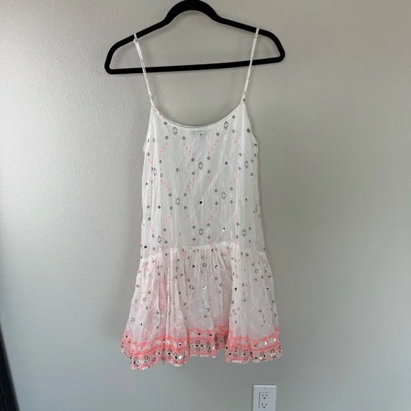 Juliet Dunn Nomad Embroidered Mirrored Cotton Mini Dress White Coral Boho 6/8 - Picture 10 of 15